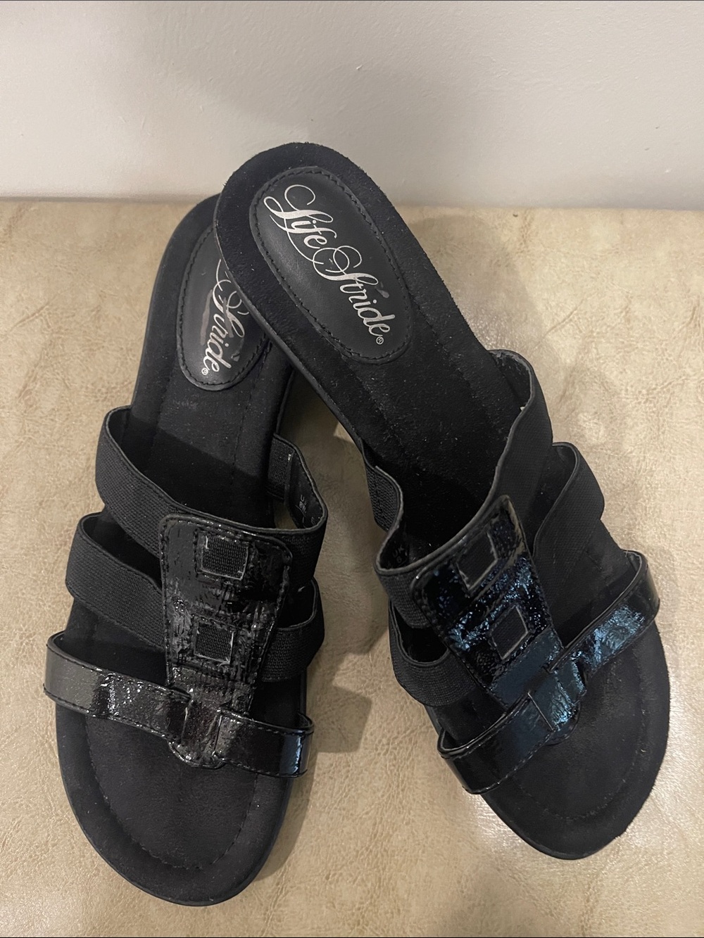 Life Stride Black Patent & Stretch Slide Mules